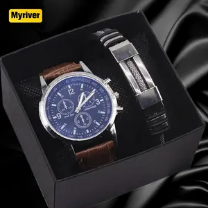 Myriver Hot Sale Stijlvolle Casual Quartz Horloge Set Met Armband Lederen Polshorloge Set Met Armband Conjunto De Reloj Voor Heren