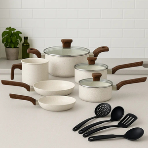 High Quality Modern <b>Ceramic</b> Marble Coated Pot <b>Pan</b> Glass Lids Bakelite Handles Non-Stick 6-Piece Aluminum Cookware Set Gas - Product Image 5