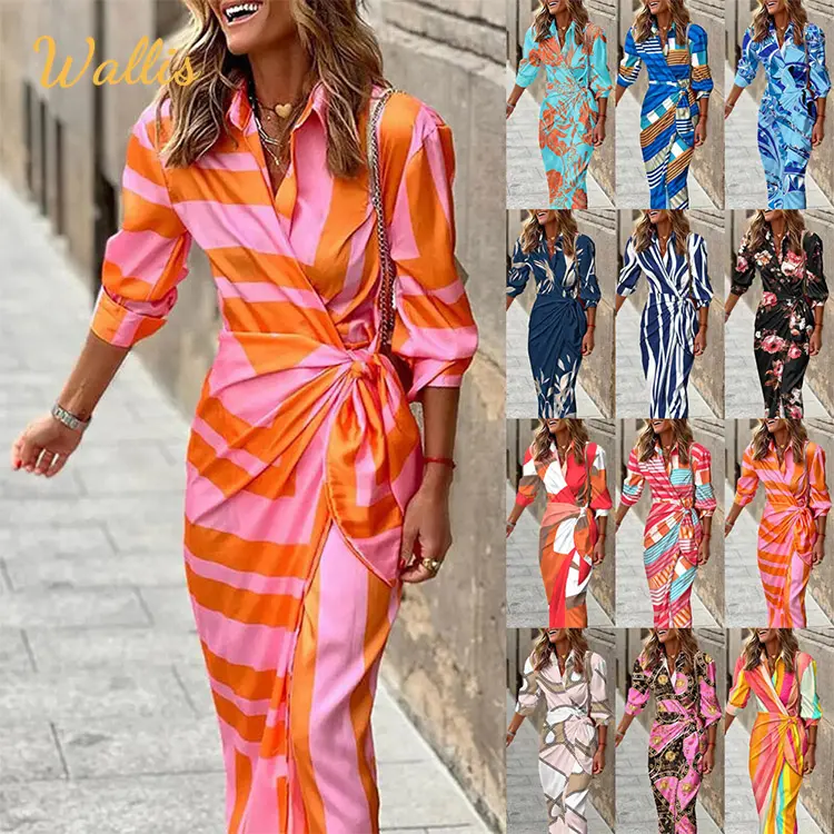 Сезон: весна-лето модное платье с принтом для девочек блуза с v-образным вырезом средней длины в полоску Повседневная Удобная женская элегантная одежда наряды
