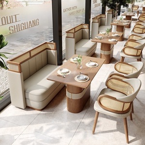 ชุดโต๊ะเก้าอี้ร้านอาหารหวายและไม้ พร้อมเก้าอี้เข้าชุด โต๊ะรับประทานอาหารสำหรับร้านกา<span class=keywords><strong>แฟ</strong></span> ร้านอาหารตะวันตก ใช้ในเชิงพาณิชย์ - Product Image 1