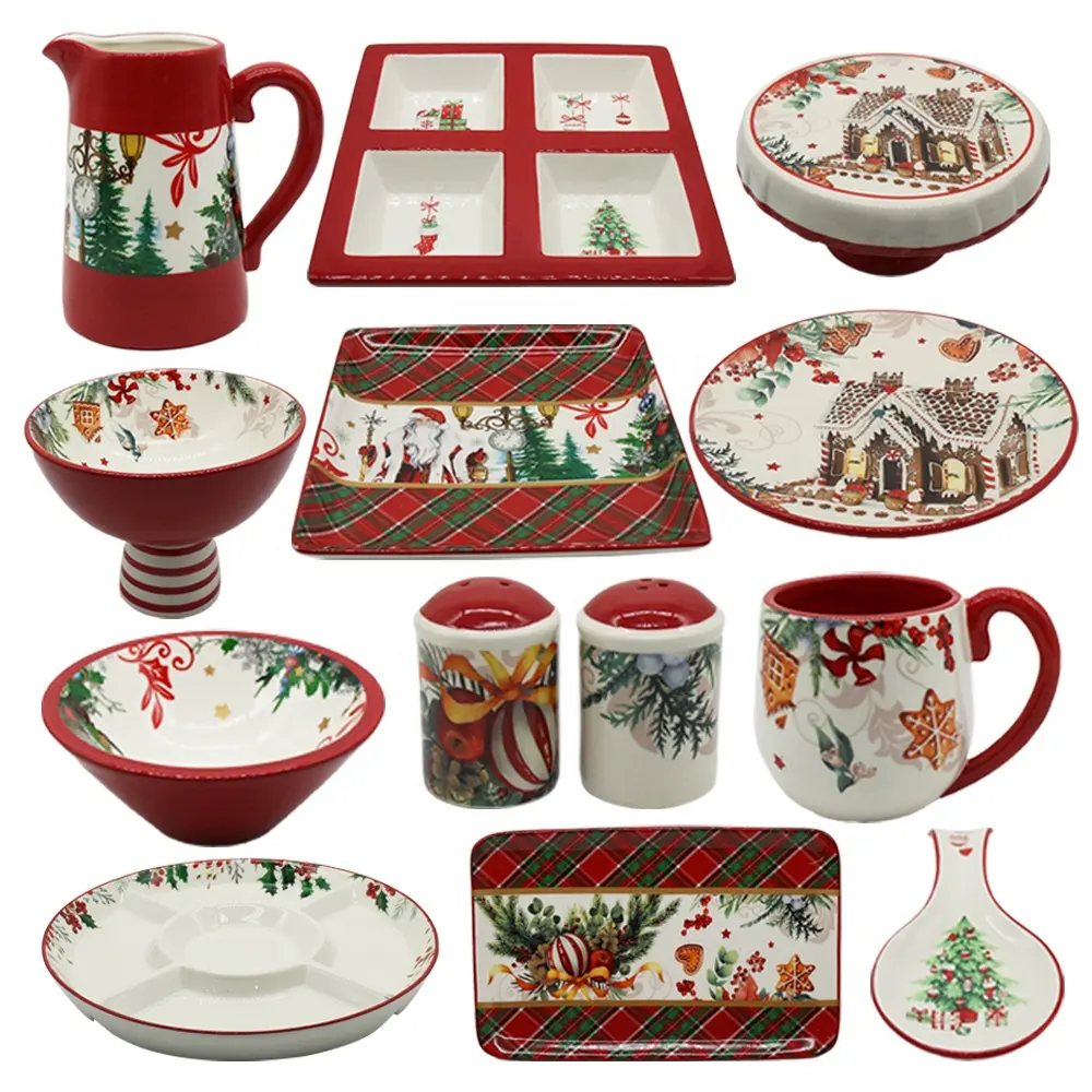 Custom Christmas Novelty Design Dinnerware Set Red Ceramic Bowl Cookie Candy Jar Plate Tea Pot Mug for Weddings & Restaurants