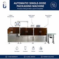 Automatische Easy Snap verpakkingsmachine met PLC-besturing voor het vullen, vormen en sealen van vloeistoffen voor cosmetica en voedingsmiddelen.