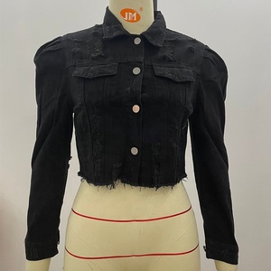 Bayan Jean ceketler puf kollu sıkıntılı Denim kırpma üst siyah 5XL yırtık kısa ceket hırka hırka kot ceket - Product Image 6