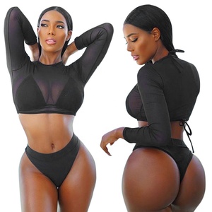 Baju Renang 3 piezas conjunto Sexy manga larga de malla Bikini de <span class=keywords><strong>granadina</strong></span> cubierta para las mujeres Badeanzug - Product Image 3
