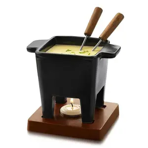 Pot de fusion chaude en céramique, crème, fromage, chocolat avec base en bambou, ensemble de pot à fondue en porcelaine