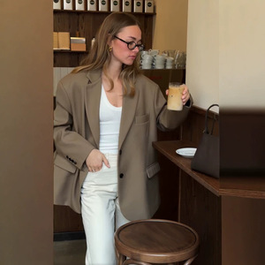 <span class=keywords><strong>Blazer</strong></span> Wanita Model Single Breasted Gaya Kantor Musim Gugur, Setelan Twill <span class=keywords><strong>Oversize</strong></span> Kasual Warna Polos - Product Image 1