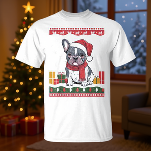 T-shirt chien bouledogue français avec chapeau de Père Noël et motif moche de Noël - Product Image 3
