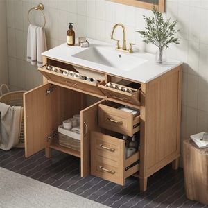<span class=keywords><strong>Meuble</strong></span>-lavabo de salle de bain 36 pouces avec <span class=keywords><strong>vasque</strong></span> en céramique, finition grain de bois, pieds en bois massif, portes à fermeture douce, couleur naturelle - Product Image 6
