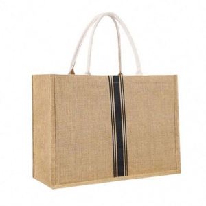Sac fourre-tout rayé en jute imperméable pour femme, idéal pour la mode, la natation, la gym, le shopping, les voyages et la plage - Product Image 1