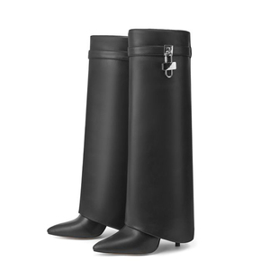 Metal Lock Thin High Heels <b>Pointed</b> Toe Overlay Shoes Dress Stiletto Pants Boots Women's Folded Over Knee High Booties - Product Image 5
