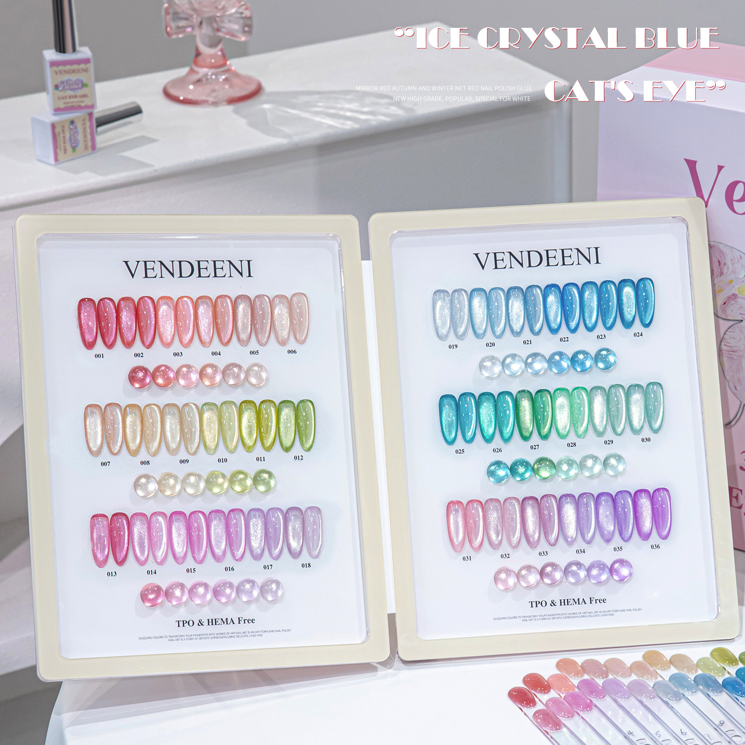 Caja de embalaje con set de ojos de gato macaron de 36 colores.