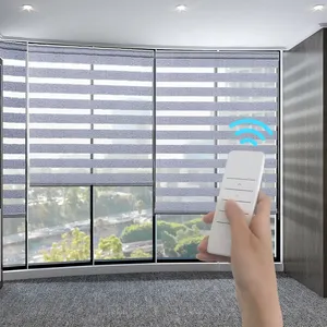 Tirai penggulung jendela remote control kustom tirai penggelap motor senyap kontrol aplikasi nuansa tirai zebra bermotor untuk jendela
