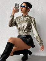 Veste de costume de danse hip pop pour femmes à col montant, blouson d'aviateur brillant en métal à longueur coupée avec fermeture éclair