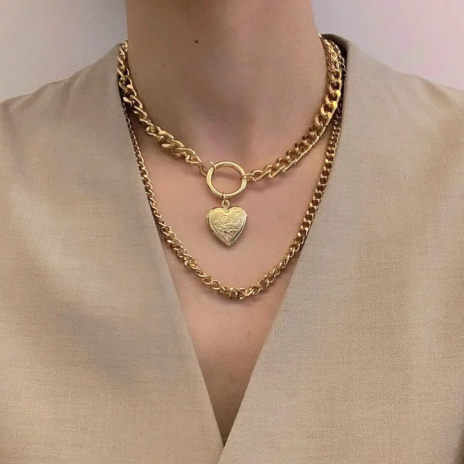 Bohemian Multilayer Double Layer Gold Lock Heart Necklace for Women Jewelry Gifts
