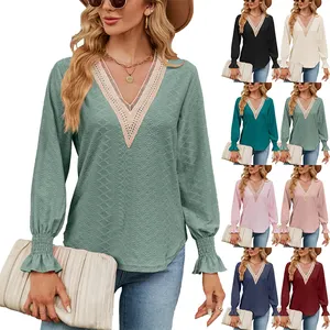 Wholesale Womens Deep V Neck Lace Puff Long Sleeve Tunic Blouses Fall Tops 2024 Ruffle Cuffs Dressy Casual T-Shirts