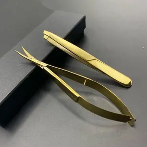 Premium Quality Eyebrow Tweezers With Private Label Solid Stainless Steel Gold Color Slanted Eyebrow With Eyelash Spring Scissor