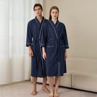 Jubah Mandi Wanita & Pria Model Korea Lengan Tiga Perempat Bahan Polyester Tipis Bertekstur Waffle V-Neck Penyerap Air untuk Musim Semi & Musim Panas