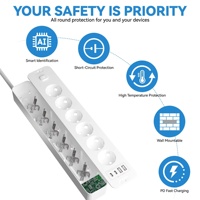 Multiprise EU 6 voies avec 4 ports USB PD 20W QC 3.0, câble de 2 m, prises Schuko, prise de courant encastrée