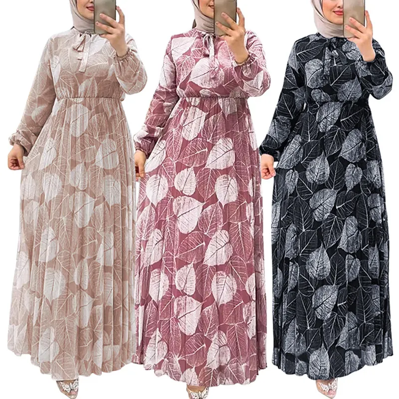 2024 Moderne Bladeren Patroon Arabische Dubai Moslim Bloemenjurken Voor Vrouwen Meisje Effen Kleur Polyester Islamitische Kleding Fabrikanten