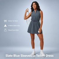 Robe de tennis sans manches bleu ardoise pour femme, col en V, avec cordon de serrage, col zippé, mini-robe évasée, vente en gros, usine OEM, personnalisable