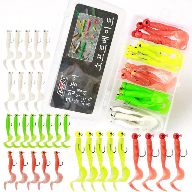 OEM 31Pcs/Set Soft Fishing Lure Jig Head Hook Grub Worm Silicone Fish Baits Shrimp Bait Artificial Swimbait Sea Fishing Tackle