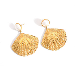 Pendientes Colgantes con Diseño de Espina de Pescado, Chapados en Oro de 18k, Acero Inoxidable, Perla y Concha, Estilo Vintage, Joyería de Moda - Product Image 5