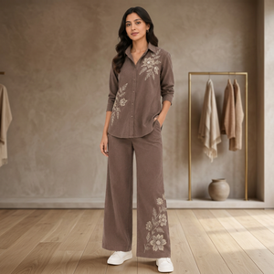 Ensemble 2 pièces pour femmes, chemise à manches longues et pantalon large, motif floral brodé marron, coupe ample décontractée, tissu Oxford en coton, toutes saisons - Product Image 6