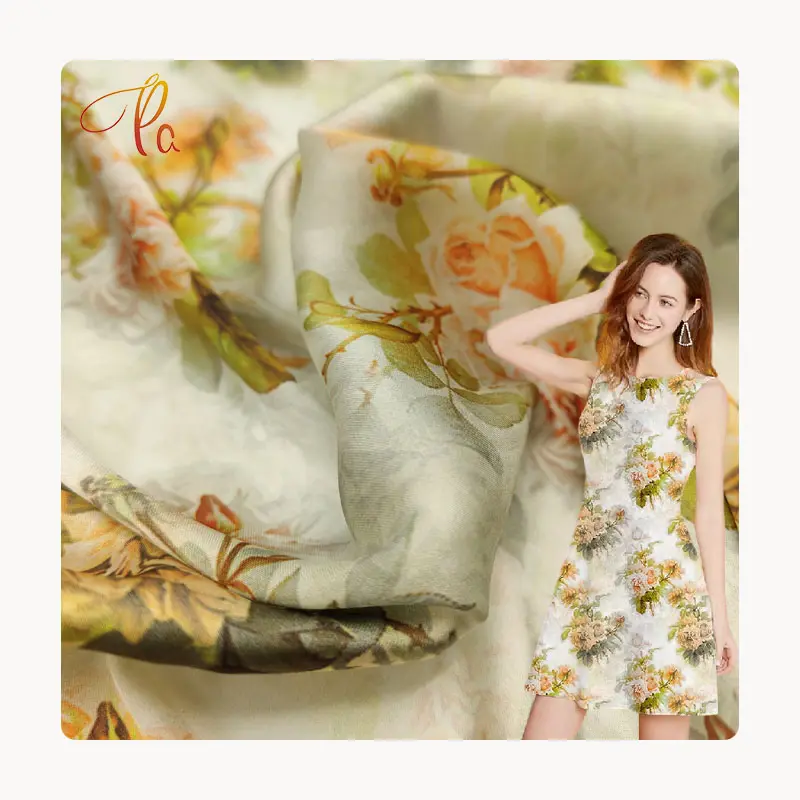 Ausgefallene Imitation Essig Stoff Digitaldruck 100% Polyester beliebte Falten Serie gedruckt Satin Kleid Stoff