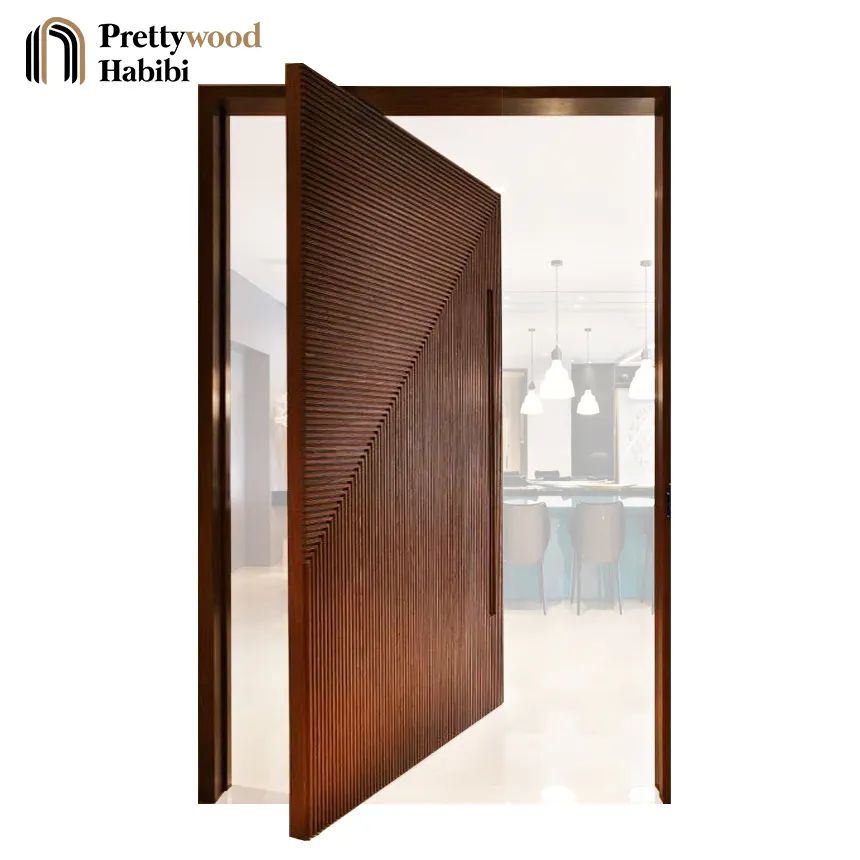 Puerta delantera de madera tallada Horizontal y Vertical para el hogar, puerta de entrada principal, pivote