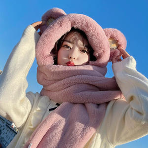 Açık kış sıcak kalınlaşmak bere eşarp sevimli tavşan bulanık kabarık şapka kadın çocuk kürk şapka eşarp eldiven Set uzun kapüşonlu eşarp - Product Image 6