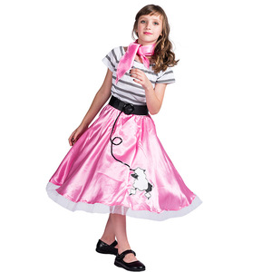 Disfraz de caniche rosa para niñas, falda satinada de corte A, vestido de fiesta de Halloween, talla 6-8 - Product Image 1