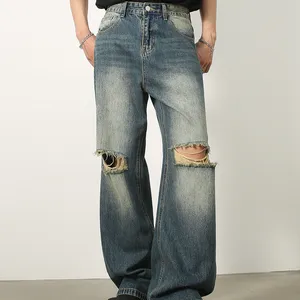 Pantalones vaqueros holgados personalizados de alta calidad para hombre, pantalones vaqueros rasgados Hip Hop Rock con pintura de borde cortado, pantalones vaqueros acampanados personalizados