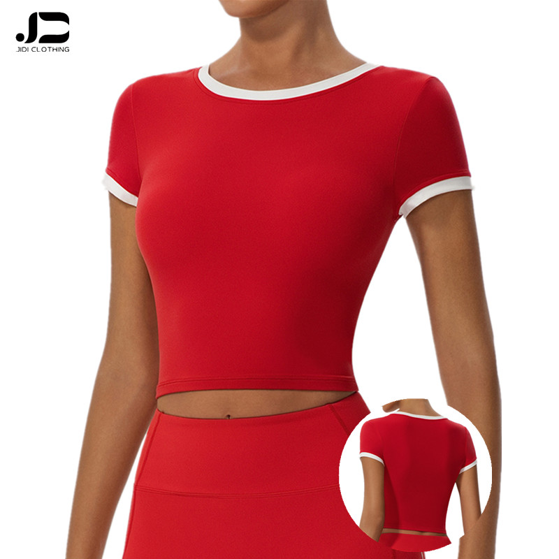 Women's White Edge Matching Color Round Neck Yoga Short Sleeve Top Pilates Slim Fitness Clothes Sports Quick Drying T-shirt