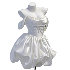 Vestidos de Novia Cortos Estilo Coreano, Corte A, para Bodas y Sesiones de Fotos, sin Tirantes, con Perlas, Hombros Descubiertos, Tafetán, Espalda con Corsé - Product Image 1
