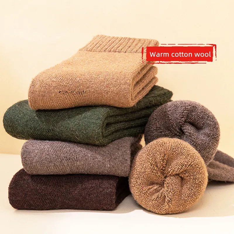 Chaussettes d'hiver en laine de couleur unie pour hommes et femmes, épaisses de haute qualité, garde au chaud