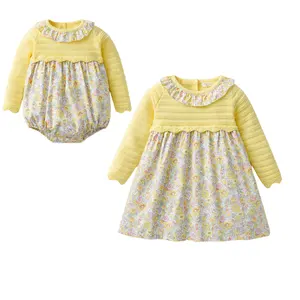 Vestido de punto Floral para bebé y niña, suéter de manga larga, Vestidos de punto para bebé, peleles con cuello con volantes, trajes a juego