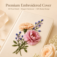 Carnet personnalisé brodé en cuir PU, couverture rigide, crème, broderie florale 3D pivoine lavande, papier premium, OEM ODM en gros