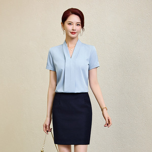 White V-Neck Short Sleeve Blouse For Women Workwear Breathable Poplin Shirt Office Formal Wear - Product Image 3