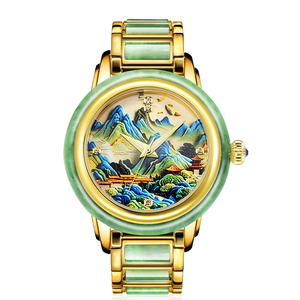 Montre automatique mécanique de luxe en acier inoxydable plaqué avec cadran peinture paysagère chinoise et jade, idéale pour couple, en promotion, pour cadeau - Product Image 3
