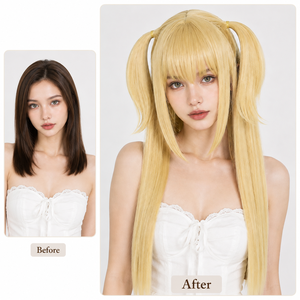 <span class=keywords><strong>Peluca</strong></span> de Cosplay con Cola de Caballo Doble Larga y Lisa, Color Rubio Claro, con Flequillo, Resistente al Calor, Cabello Sintético para Mujer, Venta al Por Mayor Directo de Fábrica - Product Image 2