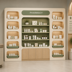 Vitrine Moderne en Bois Crème avec Éclairage LED pour <span class=keywords><strong>Pharmacie</strong></span>, Salon de Beauté, Clinique, Présentoir de Soins de la Peau - Product Image 1