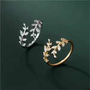 DAIHE Cute Design 18K Gold Plating 925 Sterling Silver Leaf Adjustable Finger Ring S925 Women