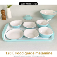 Service de table moderne et minimaliste en mélamine colorée de 17 pouces, comprenant assiettes, tasses, cuillères, petit plateau pour repas, riz et condiments