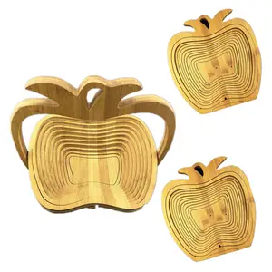 Apple Shape Natural Home Kitchen Foldable Food Fruit Bamboo Basket Holder Organizer Wood Bamboo Basket Fruit With Handle