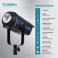 YC200Pro 200W Lumière vidéo LED COB bicolore CRI 95+ 2700K-6500K pour photographie et éclairage d'appoint en studio et diffusion en direct