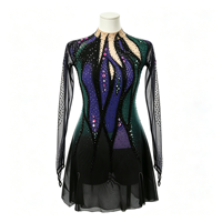 Robe de patinage artistique noire, verte et violette, col montant, manches longues en maille, jupe ornée de strass pour enfants et adultes, compétition et performance