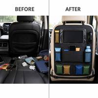 Sac de rangement pour dossier de siège de voiture, multi-poches, 16x24 pouces, porte-tablette, poches en filet pour bouteilles avec sangles d'appui-tête, noir