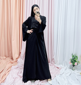 Yeni moda uzun kollu açık Abaya elbise boncuk tasarım müslüman kadınlar için <span class=keywords><strong>3</strong></span>-Piece Set-Islam giyim Maxi Kimono Nida yaz - Product Image 4