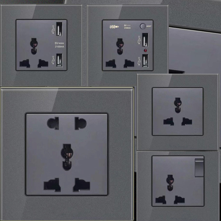 multi-functional grey tempered glass wall socket panel British standard Hong Kong version usb switch wall socket