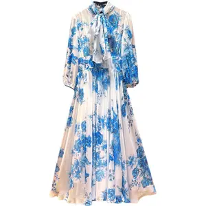 Zomer 2022 Werken Vrouwen Bloemen Printing Blauwe Jurk Vrouwen Elegante Casual Kleding